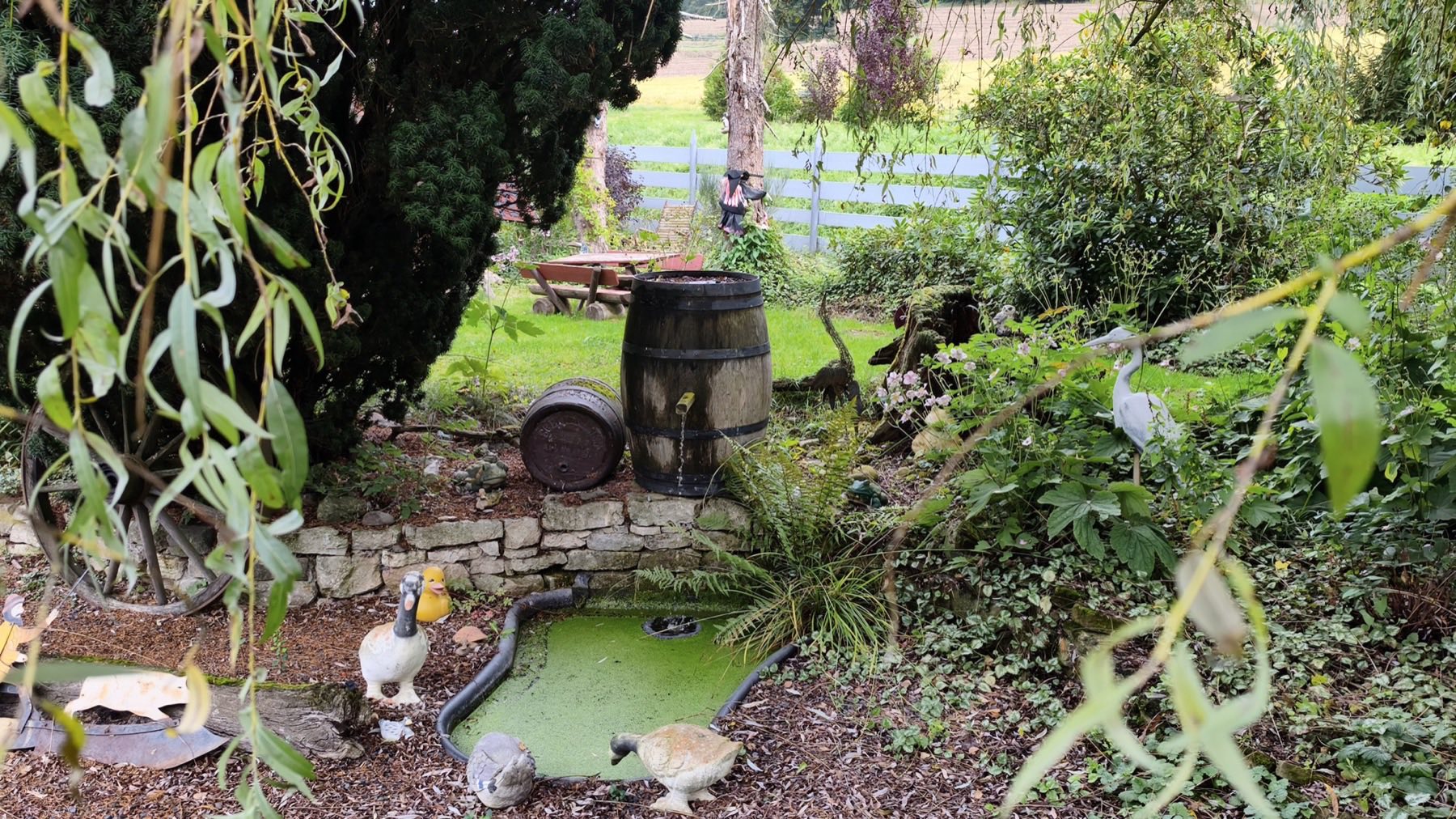 Gartenteich mit alten Holzfässern